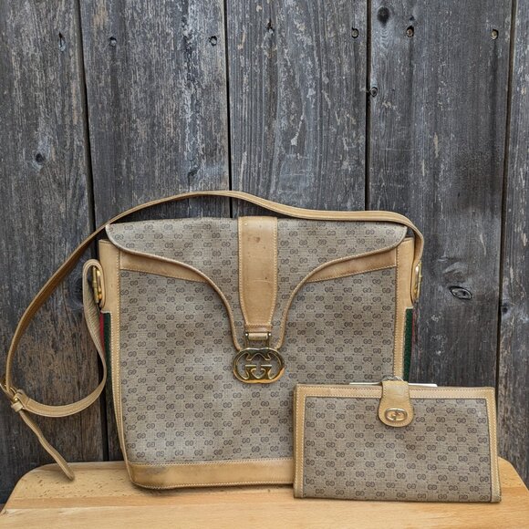GUCCI Vintage GG Supreme Monogram Purse Crossbody & Wallet Brown Leather Bag - Picture 1 of 16
